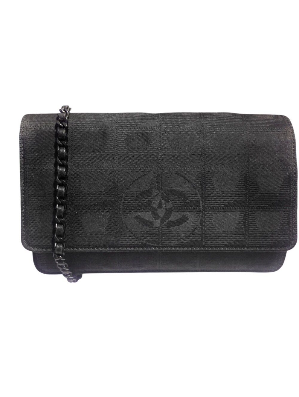 Vintage CHANEL Black Nylon Jacquard CC Chain Wallet Mini Bag Y2k